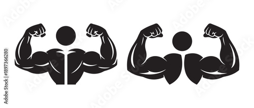 Muscle Icons. Two Muscular Men Flexing Biceps, Black Silhouette Symbol for Strength, Fitness, Gym, and Bodybuilding.