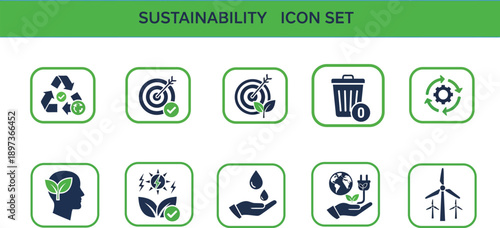 Green energy and sustainability flat icon set for renewable and eco friendly concepts