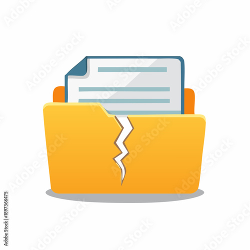 Broken orange folder with paper document symbolizing file corruption or data loss