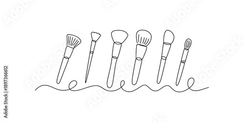 Continuous line drawing of six makeup brushes for beauty applications Vector, illustration