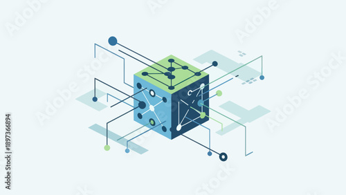 Abstract cube with network connections and nodes.
