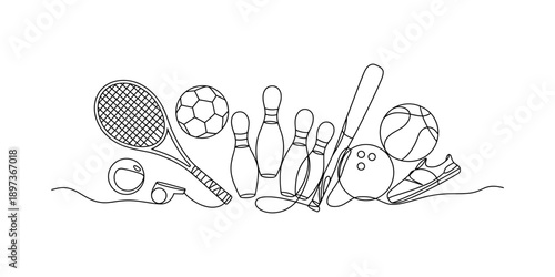 A minimalist continuous line drawing depicting various sports equipment like balls, rackets, and pins Vector, illustration