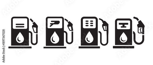 Gas Station Icons Set. Diverse Fuel Pump Designs with Droplet Symbol, Clean Vector Graphics for Energy and Transportation.