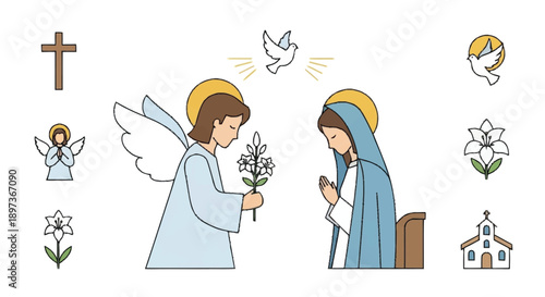 Cartoon angel offering flowers to Virgin Mary with religious church cross