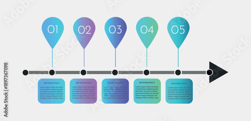 Modern timeline infographic with map pin pointers and five steps process
