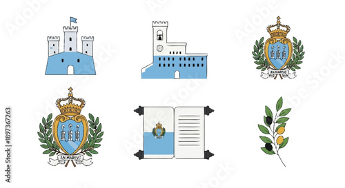 San Marino including castles, coat of arms, scroll, and olive branch castle with flag