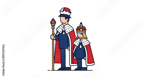 Cartoon king and prince in royal attire standing together crown