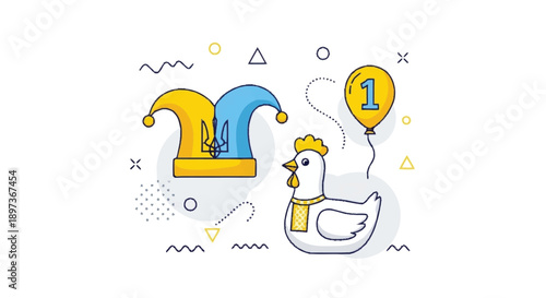 Cartoon chicken wearing scarf next to jester hat and yellow balloon with number one