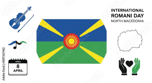 International Romani Day North Macedonia celebration with violin calendar and map