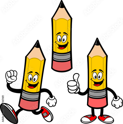 Pencil Mascot Set 01, Hand Drawn illustrations of Pencil Mascots in various poses.