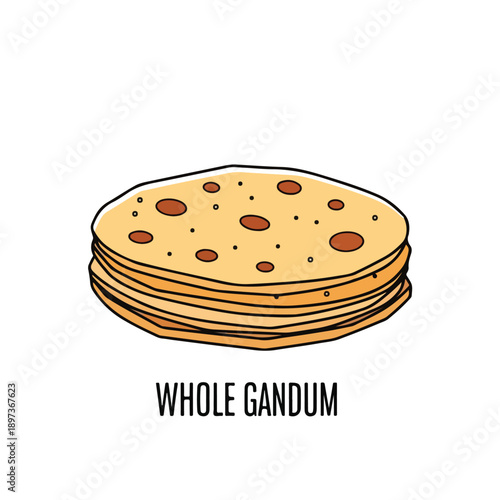 Cartoon illustration of stacked whole wheat flatbreads, also known as Gandum roti or tortillas, a staple food item.