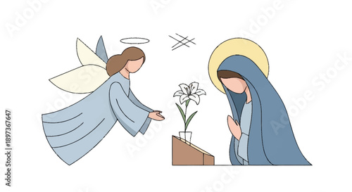 Angel and woman in blue with flower halo