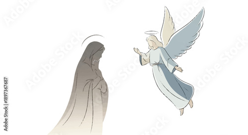 Angel and person with halos in white and gray robes white robe