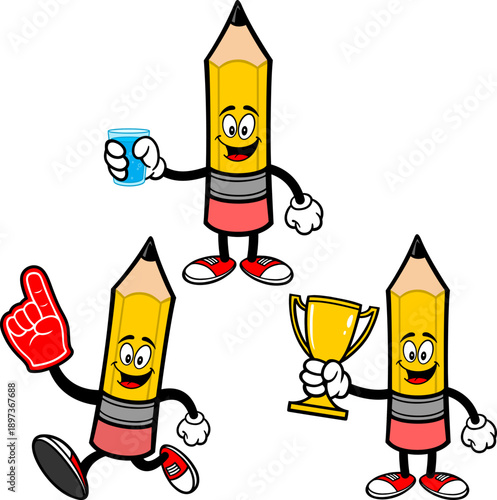 Pencil Mascot Set 05, Hand Drawn illustrations of Pencil Mascots in various poses.