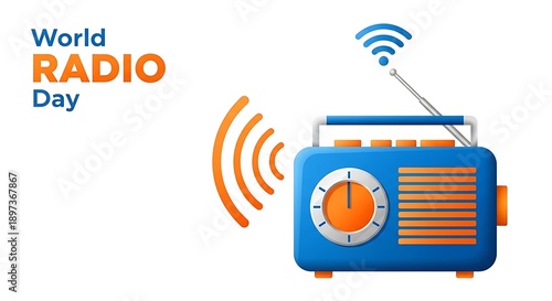Celebrating world radio day with a vibrant blue and orange retro style radio illustration on a clean white background promoting media and communication.