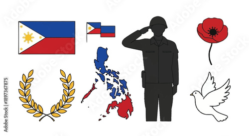 Philippine symbols including soldier, flag, map, laurel, poppy, and dove Philippines