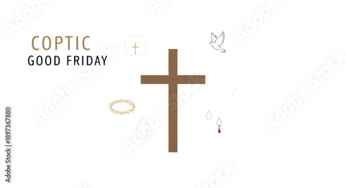 Coptic Good Friday symbols including a brown cross, dove, crown of thorns, and drop