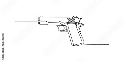 A minimalist continuous single line art drawing of a classic handgun pistol Vector, illustration