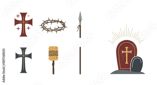 Christian symbols and including crosses crown of thorns spear bread stick and tombstone