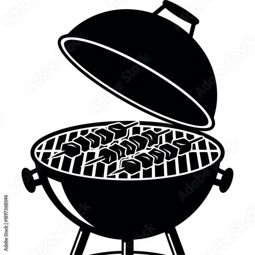 A black silhouette of a round grill with food cooking inside