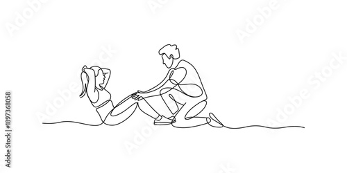 A continuous line drawing of a personal trainer helping a woman perform sit-ups Vector, illustration