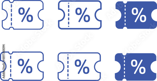 Six blue and white discount coupons with percentage symbols
