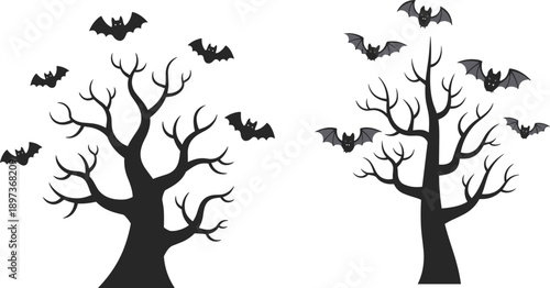 Spooky,Halloween,bats,flying,over,bare,trees,silhouette,vector,illustration,isolated,on,white,background,for,horror,themed,autumn,design,poster