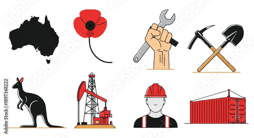 Australia including kangaroo poppy hand with wrench mining tools oil rig worker and shipping