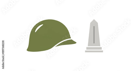Green military helmet and gray obelisk monument green helmet white background