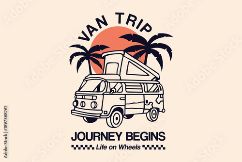 Vintage Van Trip Illustration Journey Begins Life on Wheels