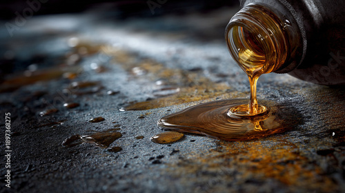 A bottle pours oil onto a dark surface with visible spills and drips around