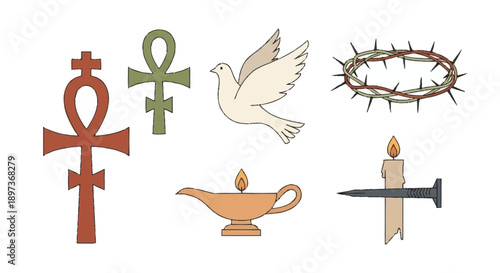 Christian and ancient symbols including ankh and anusam symbol ancient egyptian symbol