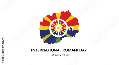 International Romani Day with Macedonian map North Macedonia flag wheel
