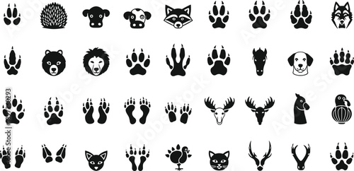 Animal face paw print silhouette vector set, black white wildlife clipart, footprint illustration, nature tracking design artwork bundle