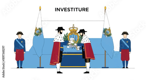 Investiture ceremony with two men in royal robes exchanging documents at a throne