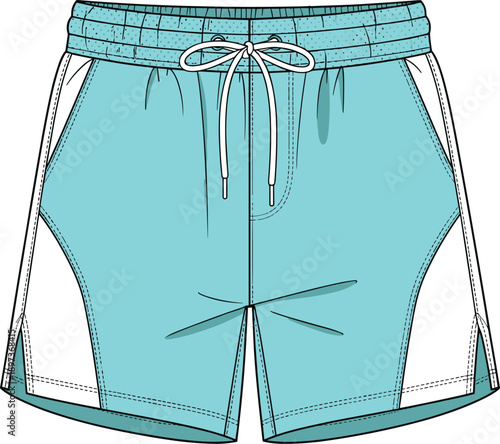 Athletic swim shorts vector, front view fashion flat, drawstring waistband, side panel design, gusseted crotch, stitching detail, technical garment illustration