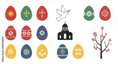 Easter eggs with religious symbols and crosses dove church