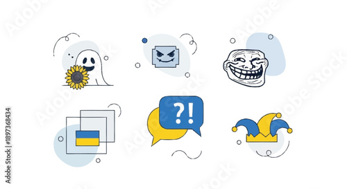 Troll faces and symbols in speech bubbles smiling ghost sunflower computer screen