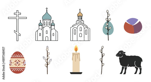 Easter including churches, candle, lamb, egg and catkins cross