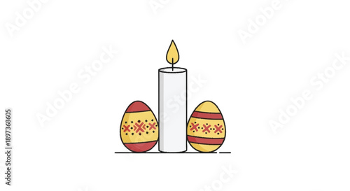 Easter eggs and lit candle flame yellow