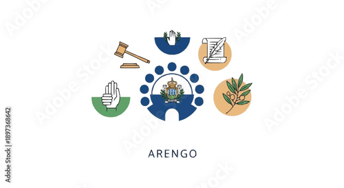 Arengo with gavel feather quill hand gestures and olive branch