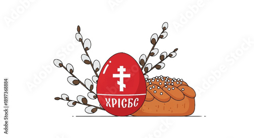 Red easter egg with white cross and text next to a sweet bread and pussy willow branches