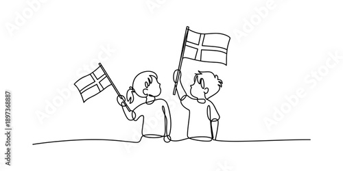 Continuous line art of two children waving the flag of denmark in unity Vector, illustration