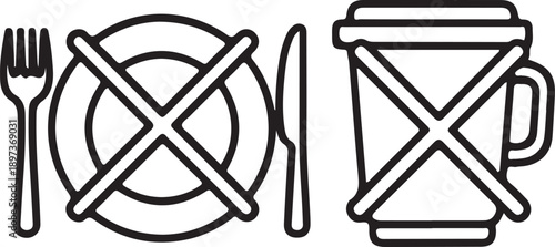 No eating or drinking sign with plate and cup icon on transparent background