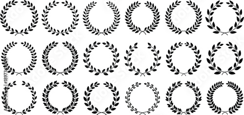 Laurel wreath silhouette vector set, black white victory clipart, achievement award illustration, honor emblem design artwork bundle