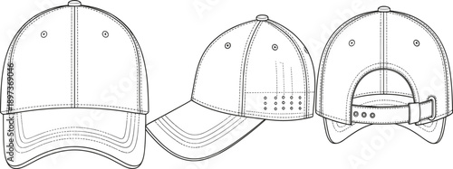 Baseball cap technical sketch, front side rear view, adjustable strap detail, curved brim design, stitched panels, fashion flat vector, garment construction illustration