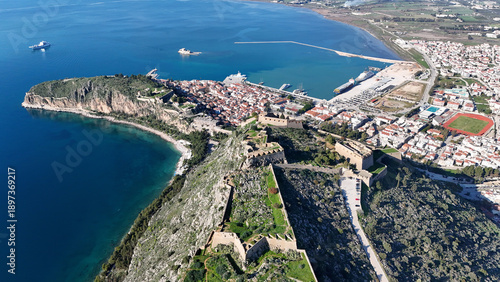 Aerial panorama of Palamidi fortress and Nafplio cityscape, Peloponnese, Greece