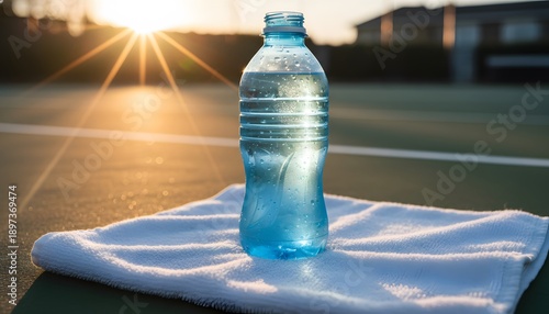 A refreshing water bottle on a white towel, ready for a workout under the golden sun