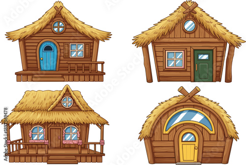 Cartoon wooden house vector, thatched roof architecture, whimsical cabin design, fantasy building illustration, colorful front view, children’s storybook style, playful shelter concept