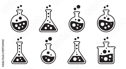 Science Lab Glassware Icons. Beakers and Flasks with Bubbles, Chemistry Research Symbols, Vector Illustration.